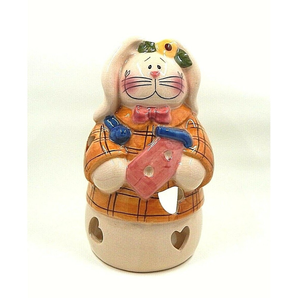 Bunny Tealight Candle Holder Easter Rabbit Birdhouse Plaid Shirt